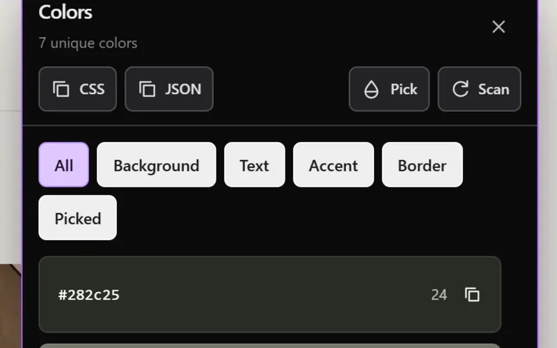 Sitepeel color tool with background, text, accent and border filters in a product demo.