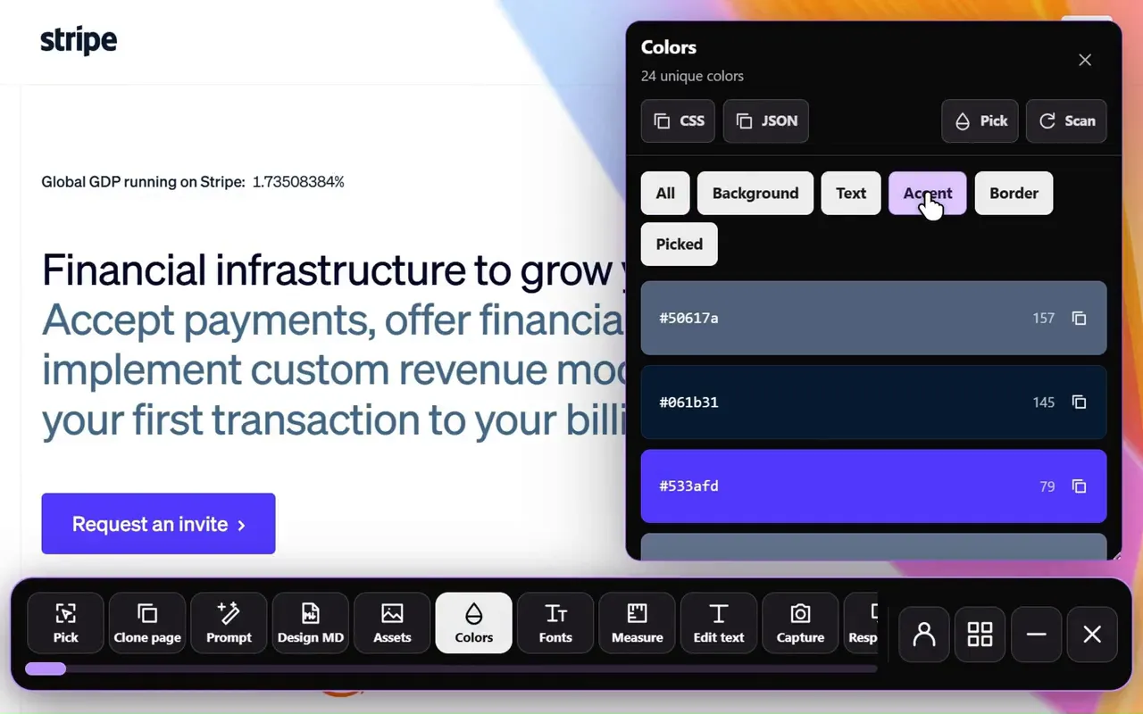 Website color extractor in the Sitepeel interface