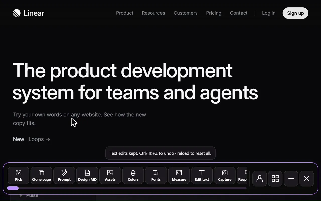 Sitepeel Edit text tool changing a headline on a live page