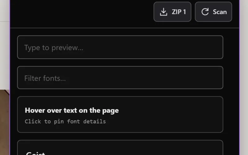 Sitepeel font tool with a preview field, a font filter and instructions to inspect page text.
